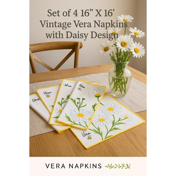 Set of 4 Vintage Vera Neumann Daisy Napkins – 1970s Retro Floral Linen, 16” Squa - Picture 9 of 9